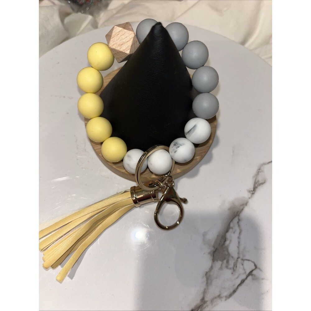 Silicone Beaded Wristlet Keychain Bracelet Tassel Key Ring Holder